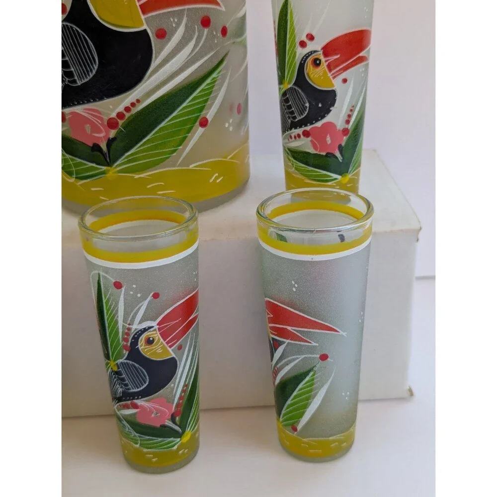 Tropical Toucan Bird Tequila Decanter And Shot Glass Set Hand Painted Frosted 9